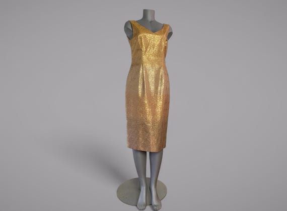 Escada, Vintage Escada Metallic Gold Sheath Dress, Sleeveless Lame Cocktail Midi, Size 8