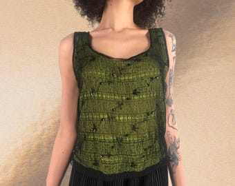 Blusa sin mangas de nailon verde y negro vintage de los años 90 con bordado de lentejuelas, elástica, con tirantes anchos, para noche de los años 90, talla mediana y grande.