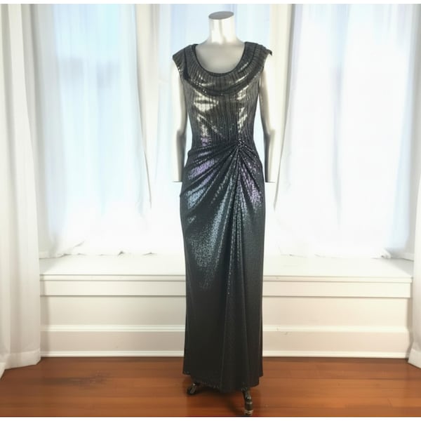 90s Tadashi Shoji Metallic Maxi Gown, Purple & Gold Ombré Sequins Size 4