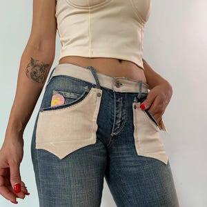 Y2K Vintage Parasuco Jeans With Leather Patches Low Rise 2000s Stretchy Flare Leg Embellished Denim And Embroidered Leather Rare 28 x 32