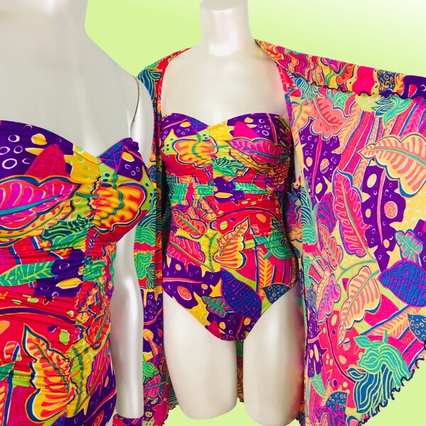 70's Vintage Psychedelic Colorful Tropical Strapless Ruched One Piece Swimsuit Matching Pool Cover Up Set Rose Marie Reid