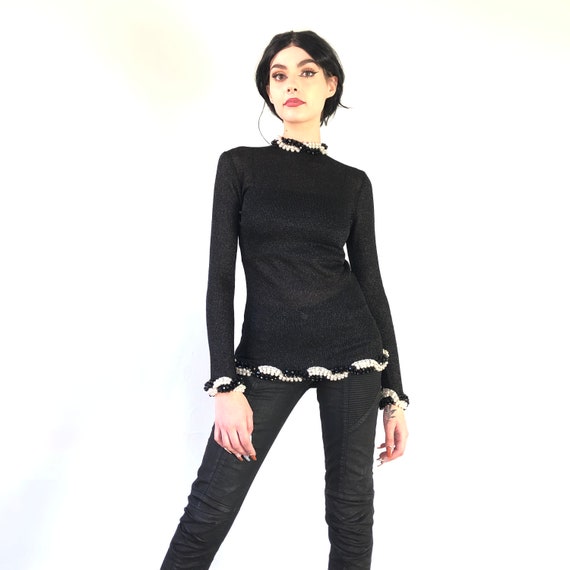 80's French Couture Lurex & Pearls Long Sleeves T… - image 1