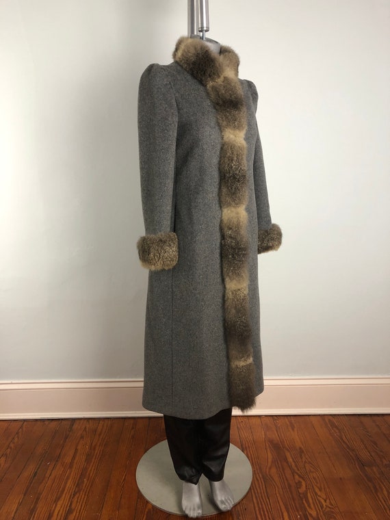 80's Fur Trimmed Fitted Full Length Brushed Wool … - image 5