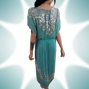 80s Vintage Silk Outfit Light Blue And Silver Geometric Print Beaded Midi Skirt & Short Sleeve Tunic Top Exotic Party Dress Boho Luxury
