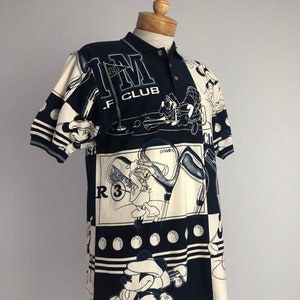 Vintage Disney Graphic Men’s Small Oversized Polo Golf Novelty Print Shirt In Pique Cotton All Over Print Disney Classic Style Drawings