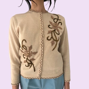 50s Vintage Beige Angora Wool Blend Collarless Sweater Lambswool Cardigan W/ Shiny Golden & Brown Beaded Embroidery 60s Embroidered Cardi
