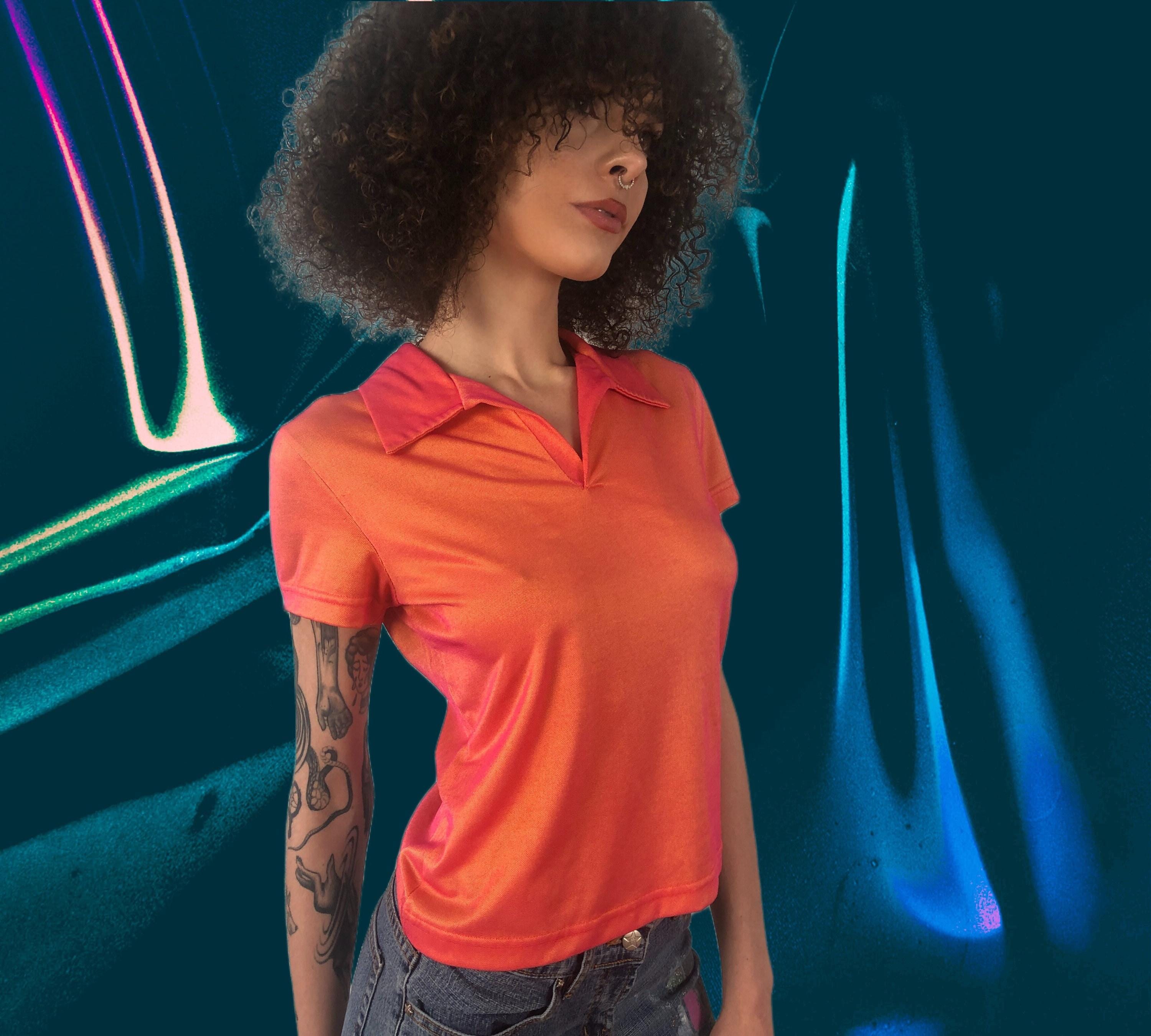 90s Vintage Iridescent Polo Shirt 1990's Orange Short Sleeves Top