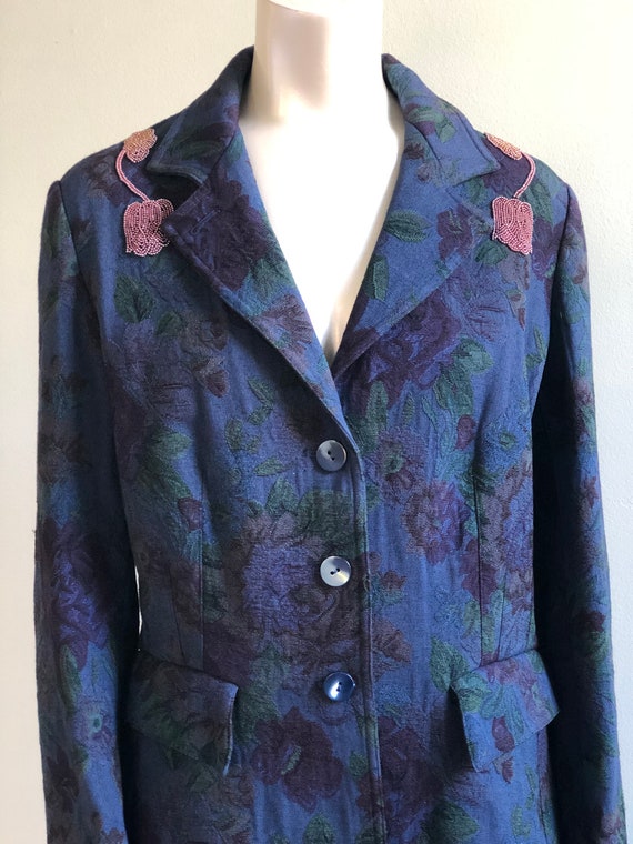 Vintage Blue Tapestry Coat With Beading Embellish… - image 5