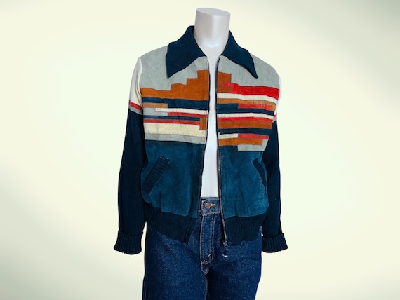 70s Split Suede & Knit Patchwork Jacket Unisex Zi… - image 1