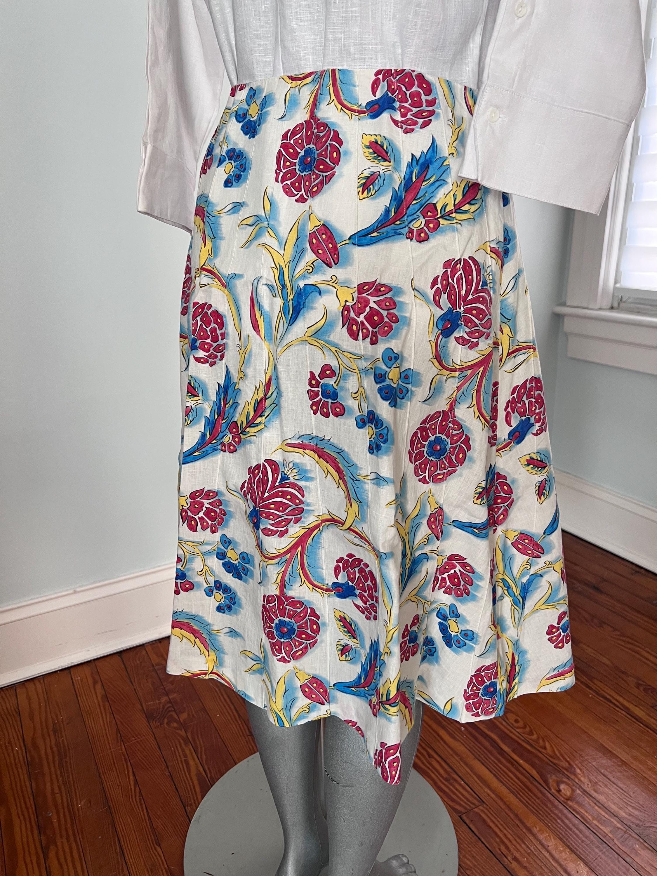 Vintage Celine Linen Skirt White Multicolor 100% Linen Paisley