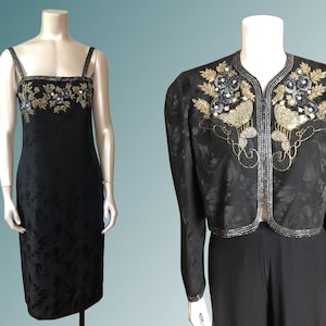 80s Vintage Beaded Silk Cocktail Dress & Short Bolero Jacket Set D’ore Della Roufogali