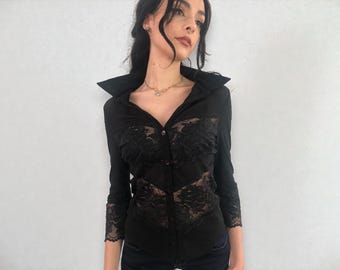 90s Black Lace Collared Shirt Fitted Nylon Evening Blouse 3/4 Sleeve Sexy Y2K Mesh Top