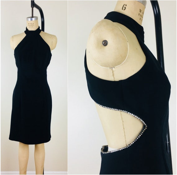 80’s VTG Backless Rhinestones Lined Halter Dress