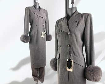 80's Pants & Fitted Fur Trimmed Coat Jacket / Dress Pant Suit Trousers Set Deadstock NWT