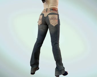 Jeansy Y2K Parasuco Flare Jeans, skórzane, patchworkowe, z niskim stanem, z lat 2000., z rozciągliwym zdobieniem ze strasów
