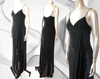 Y2K Liquid Metal Maxi Dress Vintage Black & Silver Metallic Gown Micro Texture