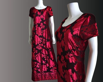 90's Vintage Red & Black Shiny Floral Burnout Velvet Maxi Short Sleeves Dress Medium