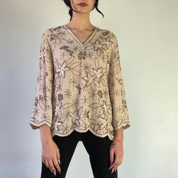 60's Nude Sequined Long Sleeves Tunic Top - image 3