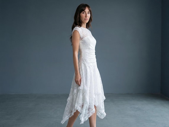 blue dress for baby girl Draped Asymmetric Lace and Satin Midi Dress 38 (FR) / White