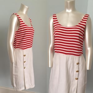 Vintage Nautical Sleeveless Striped White & Red Dress Wide Scoop Preppy Cotton Linen Blend Coastal Dress By The La Costa Spa Large
