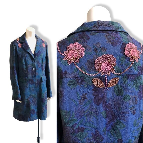 Vintage Blue Tapestry Coat With Beading Embellish… - image 1