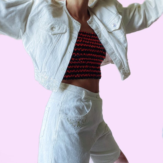 80's Vintage White Sequined Denim Jacket And Shor… - image 3