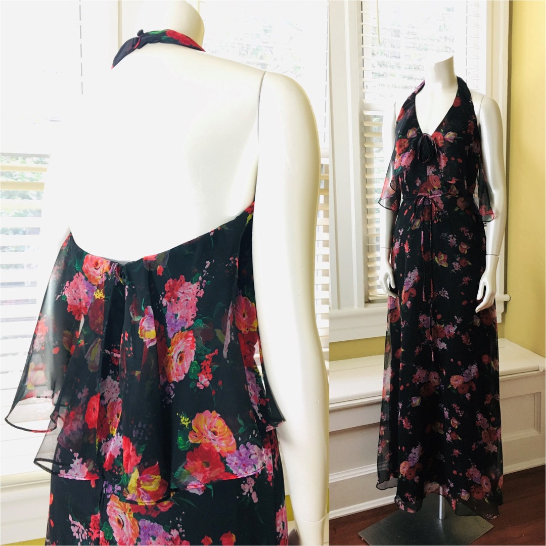 70's Roses Boho Halter Dress Bright Floral Maxi W/ Open - Etsy