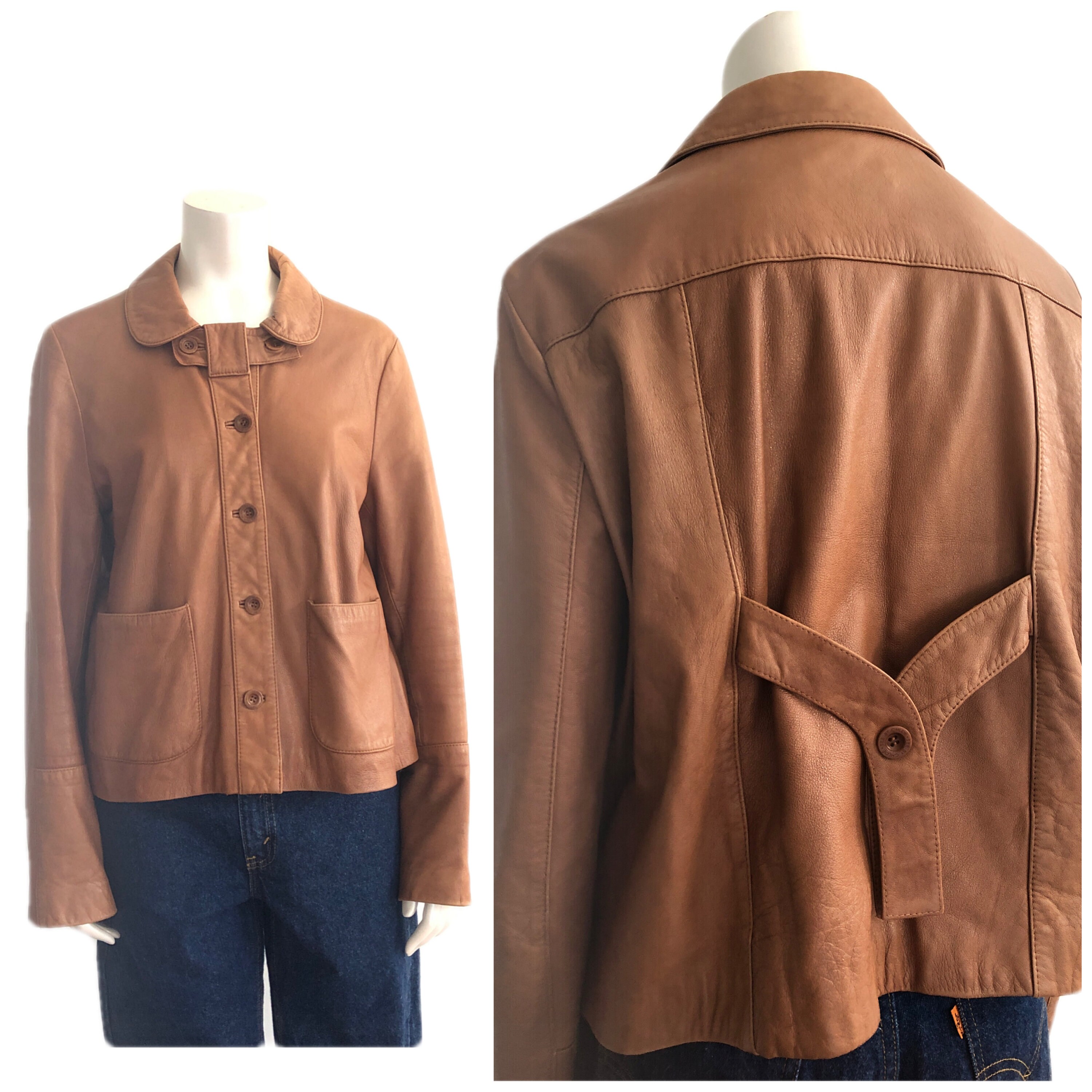 Y2K Vintage Tan Leather Jacket Chloe Short Coat With Big Pockets 