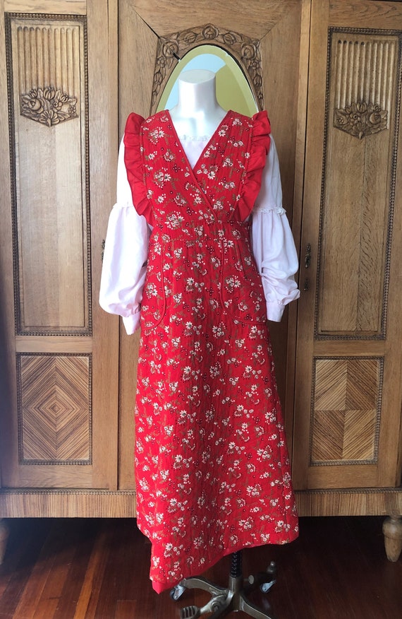 70's Quilted Dress In Red Calico Vintage Surplice… - image 2