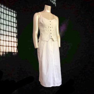 80s Vintage White Pencil Skirt 1980&#39;s Solid White Cotton Skirt Below The Knee Length With Big Pocket And Tonal Embroideries Together 12 Midi