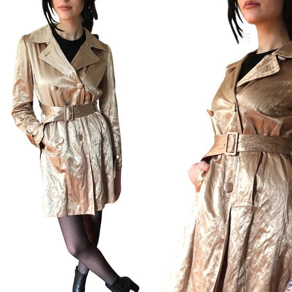 90's Shiny Gold Belted Short Trench Coat Rare Y2K… - image 1