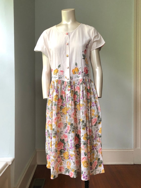 80's 90's Vintage Floral Cotton Dress Short Sleev… - image 2