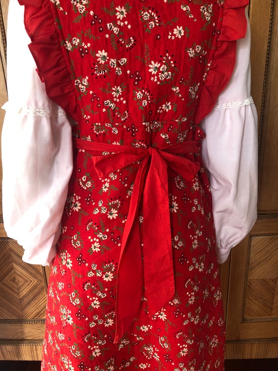 70's Quilted Dress In Red Calico Vintage Surplice… - image 9