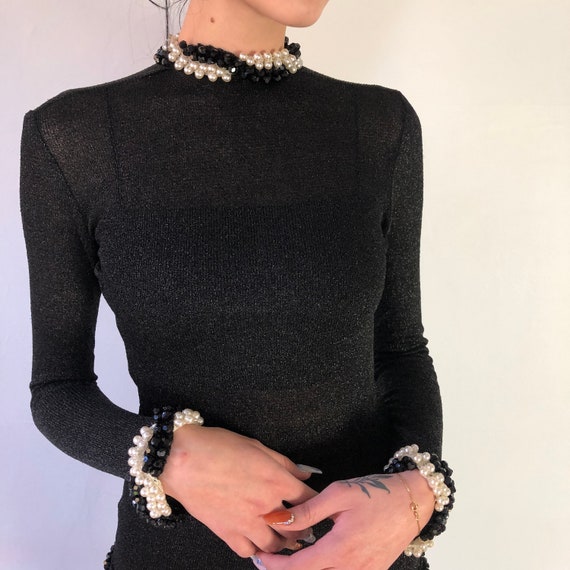 80's French Couture Lurex & Pearls Long Sleeves T… - image 2