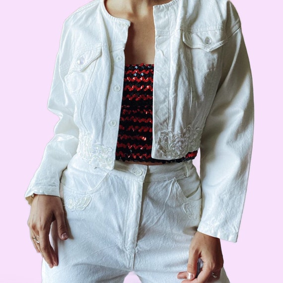 80's Vintage White Sequined Denim Jacket And Shor… - image 5
