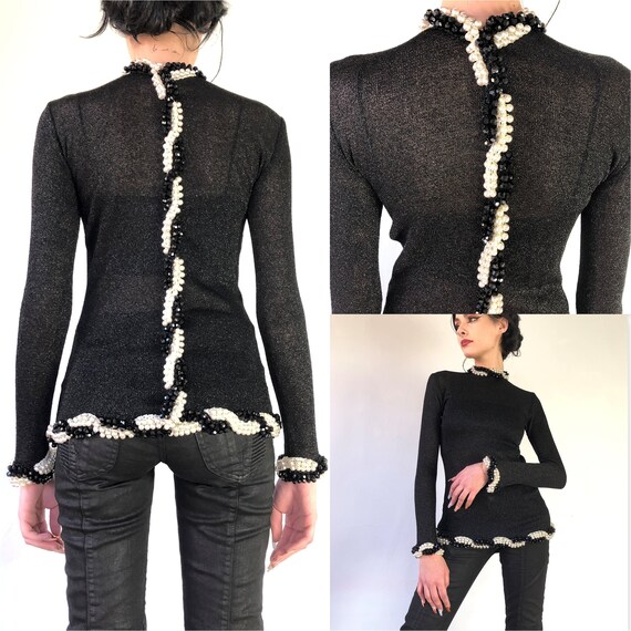 80's French Couture Lurex & Pearls Long Sleeves T… - image 9