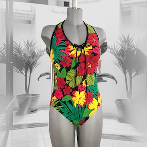 80s Vintage One Piece With Colorful Tropical Neon Flowers & Leaves Print 1980s Open Back Swimwear Halter Swimsuit With Molded Cups Large 12