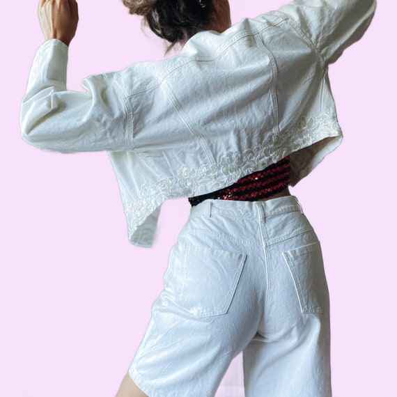 80's Vintage White Sequined Denim Jacket And Shor… - image 4