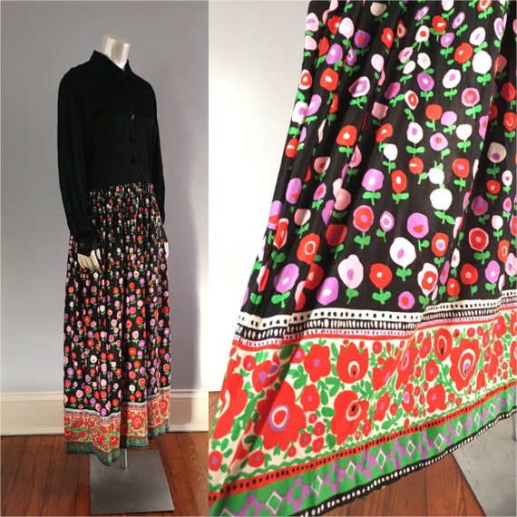 70's Bright Floral Maxi Hostess Dress