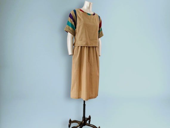 80s Striped Burlap & Linen Dress Set Earthy Colors Indie Boho David Warren New York