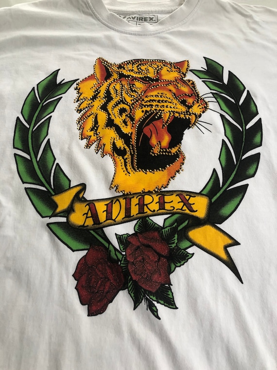 90s Vintage Avirex T-shirt Studded Tiger & Spellout Unisex White 