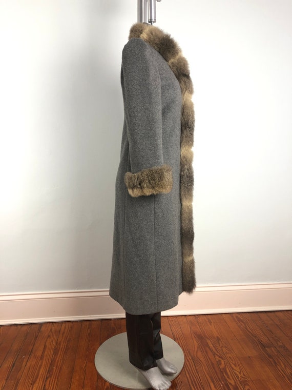 80's Fur Trimmed Fitted Full Length Brushed Wool … - image 7