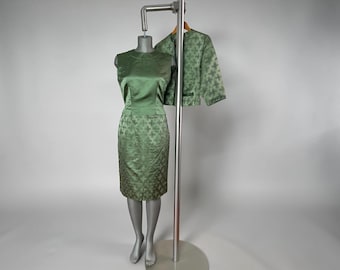 1960s Dynasty Green Silk Skirt, Buttoned Top, Cropped Jacket
