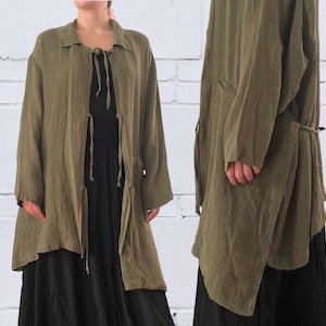 90s Vintage Khaki Green Avant Garde Asymmetric Jacket With 3D Pocket Vintage European Duster Top Dhio Lightweight Linen Deconstructed Boho