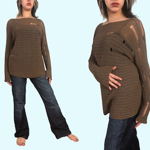 90s Vintage Brown Avant Garde Distressed Sweater Slouchy Linen Pullover European Designer Sarah Pacini Modern Fashion Luxurious Knitwear