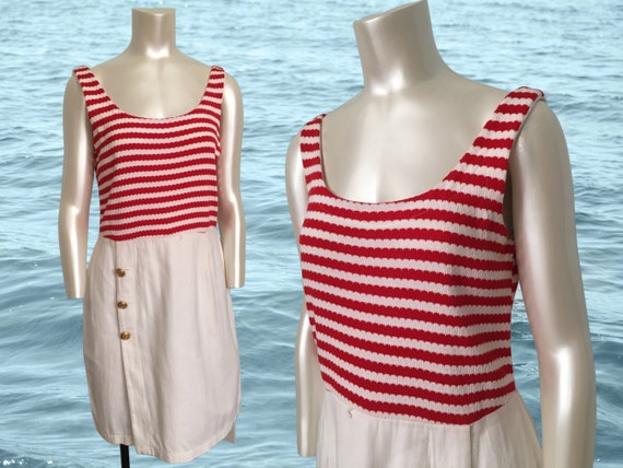 80's Vintage Nautical White & Red Dress By La Cos… - image 1