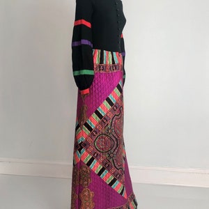 70's Vintage Geometric Black Multicolor Long Bishop Sleeves A Line Maxi Hostess Dress image 9