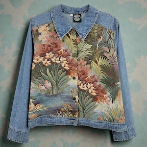 90s Vintage Floral Tapestry Denim Jacket, Tropical Flamingo Lagoon Motif, Unisex Size M L