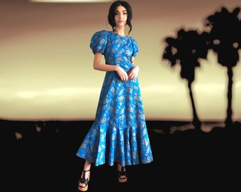 60s Hawaiian Gown Puff Sleeves Psychedelic Floral Cobalt & Gold Gilt Print Flounce Hem Paradise Hawaii