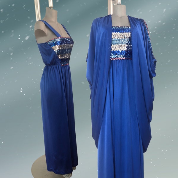 80's Vintage Blue & Silver Shiny Sequins Maxi Disco Dress And Long Batwing Jacket 2-Pc Set Medium to Large